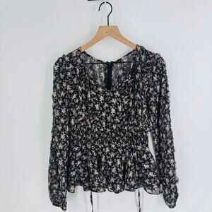 Mikael Aghal Black Floral Sheer Smocked Waist Peplum Blouse‎ Size 2 Feminine